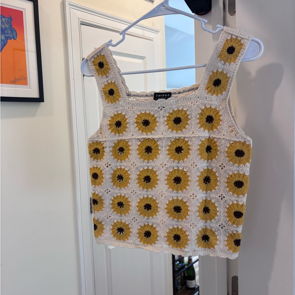 White & Yellow Crochet Sunflower Tank Top